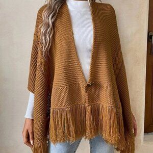 boho casual cable knit fringe trim batwing sleeve cardigan